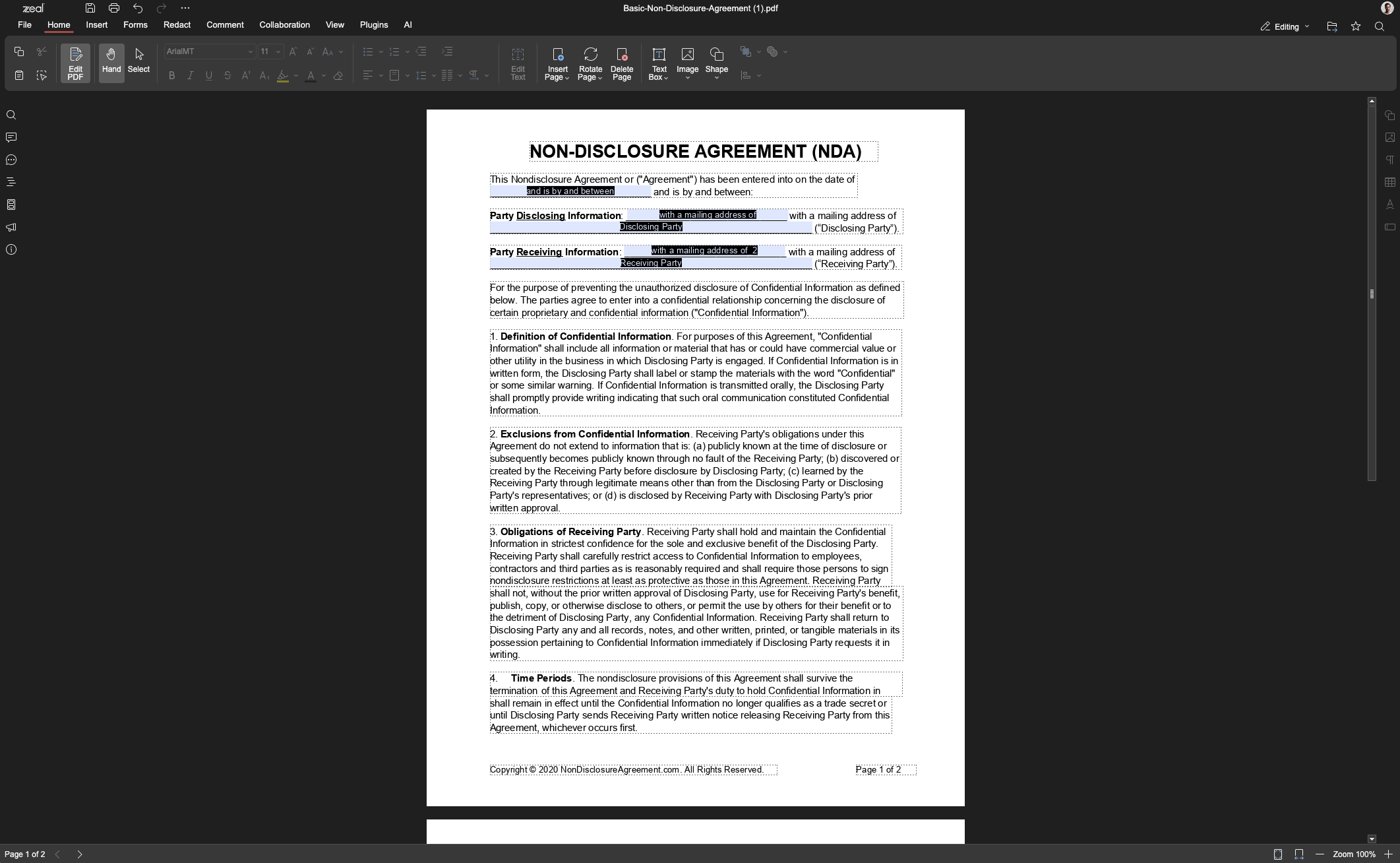 A PDF open in Zeal's editor, showing the Edit PDF, Redact, Forms, Collaboration, and AI tools in the toolbar