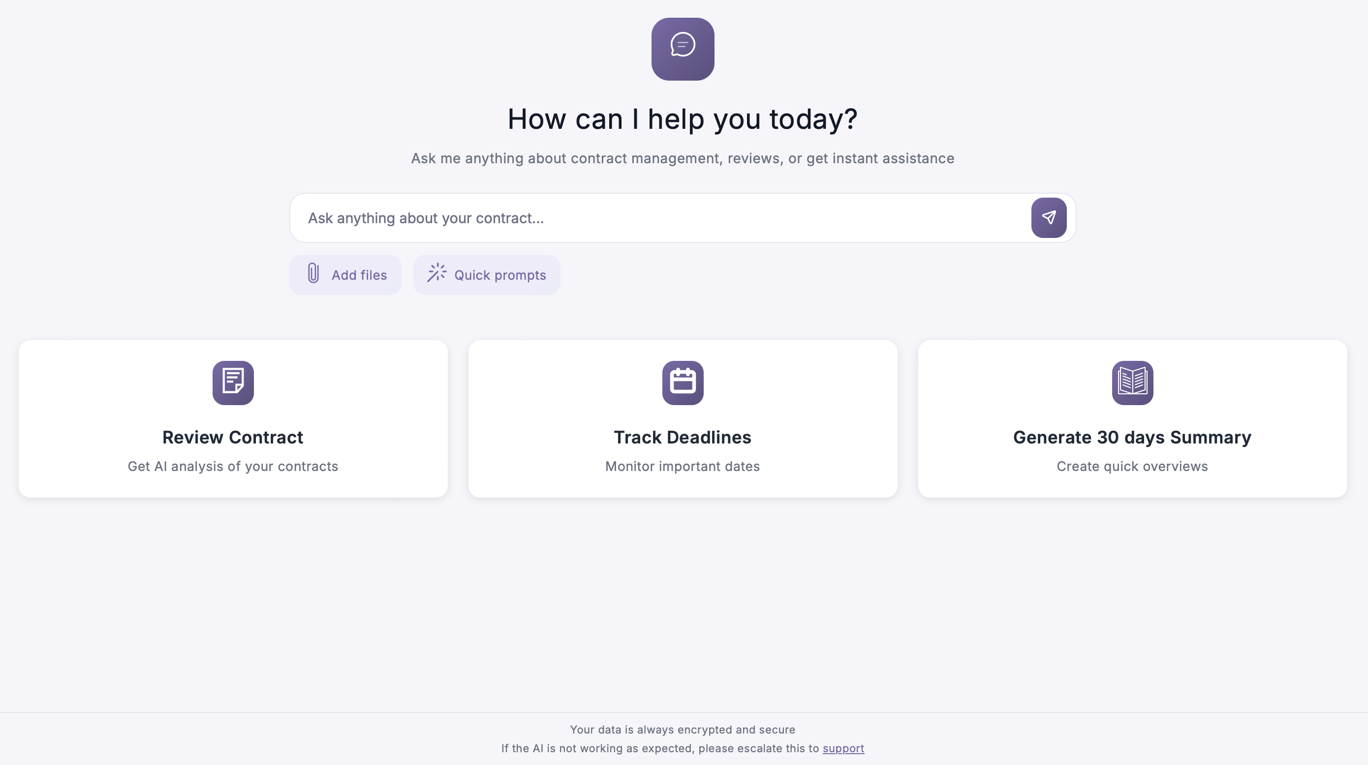 Anton AI assistant panel with quick actions to review a contract, track deadlines, or generate a summary