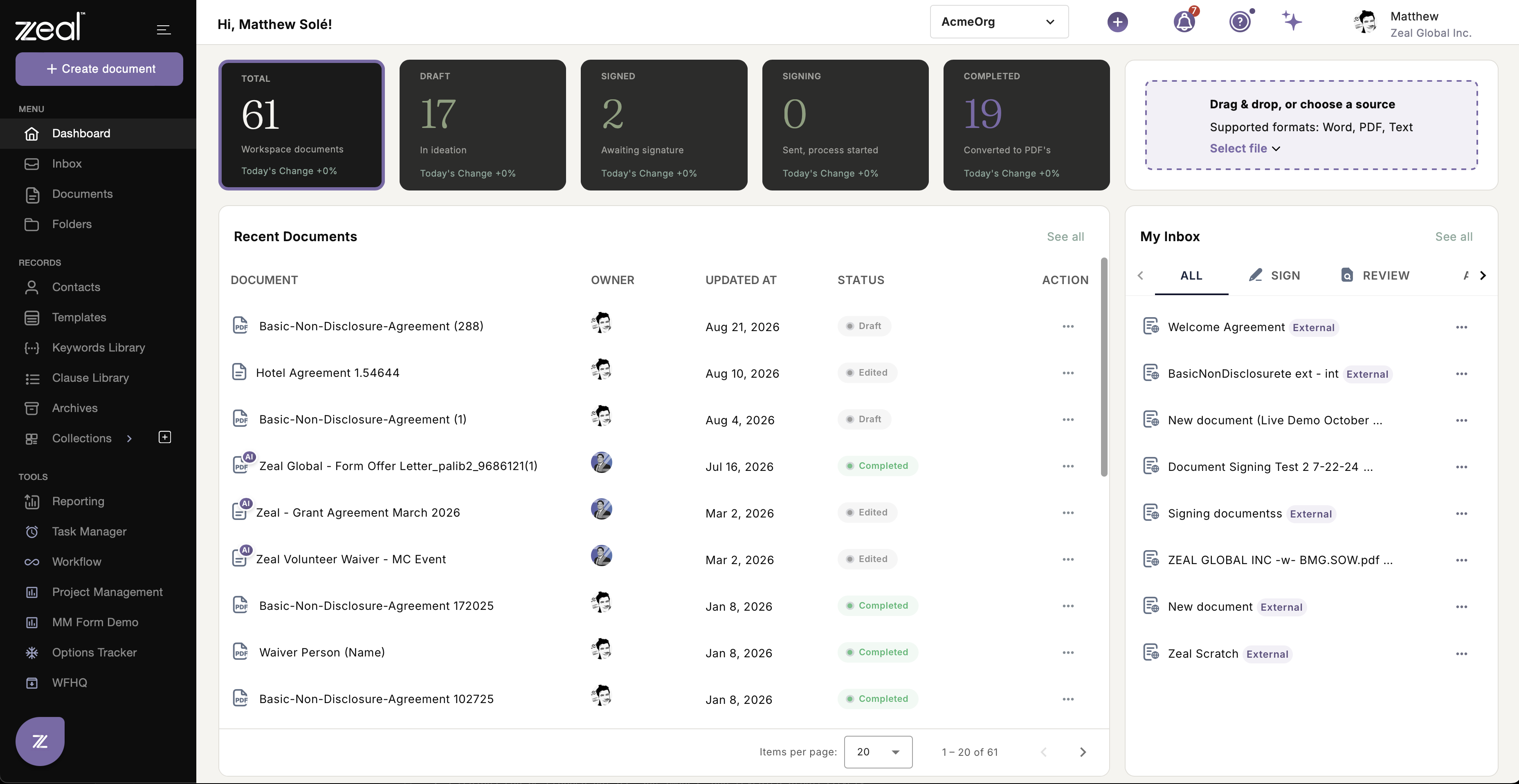 Zeal dashboard showing document status counts and a recent documents table