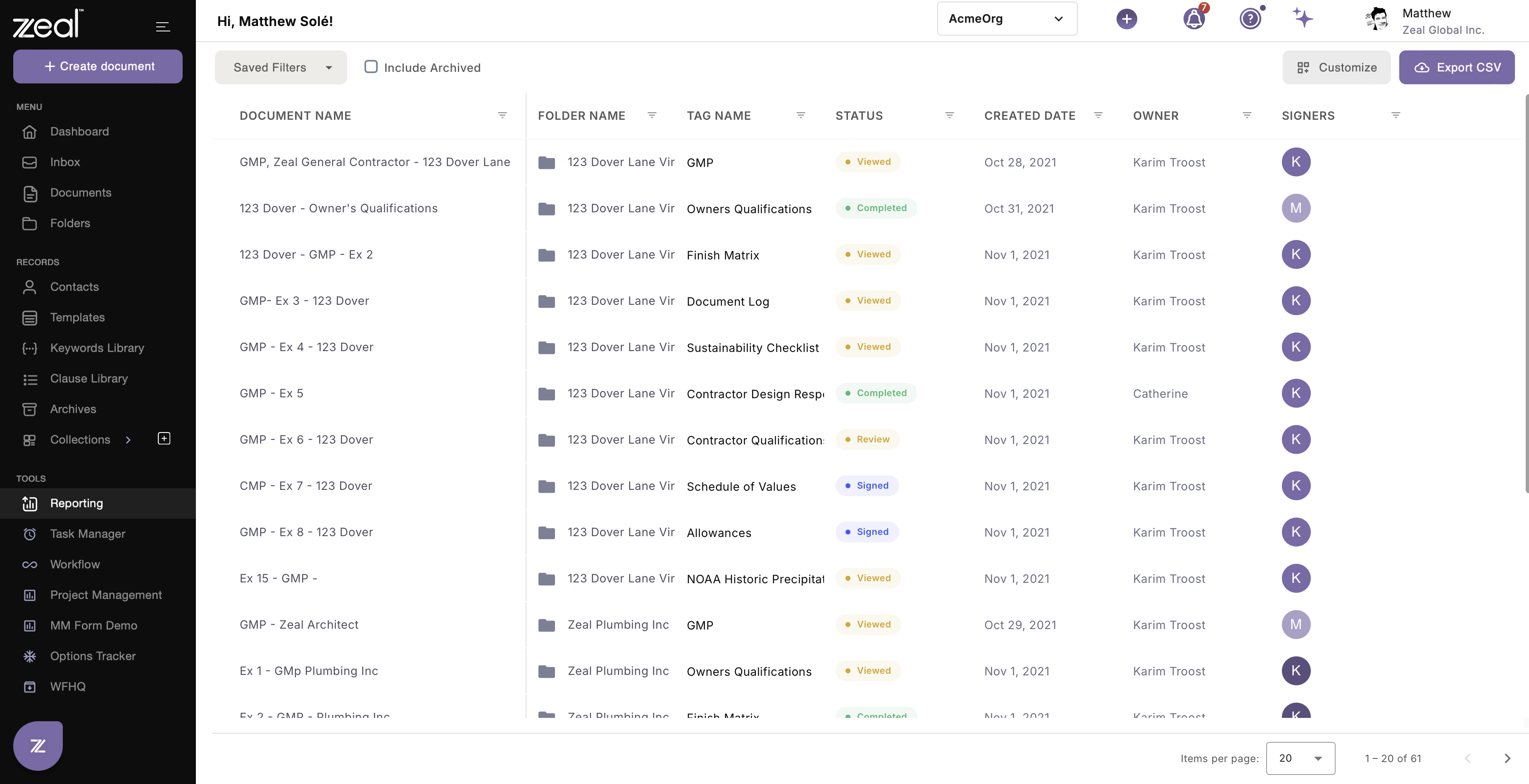 Zeal document tracking table showing status and signer columns for a list of contracts